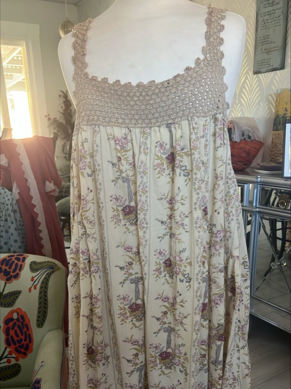 Magnolia Pearl Vintage Floral “Robina” Dress Hand-Crocheted Ballet Yoke & Hem
